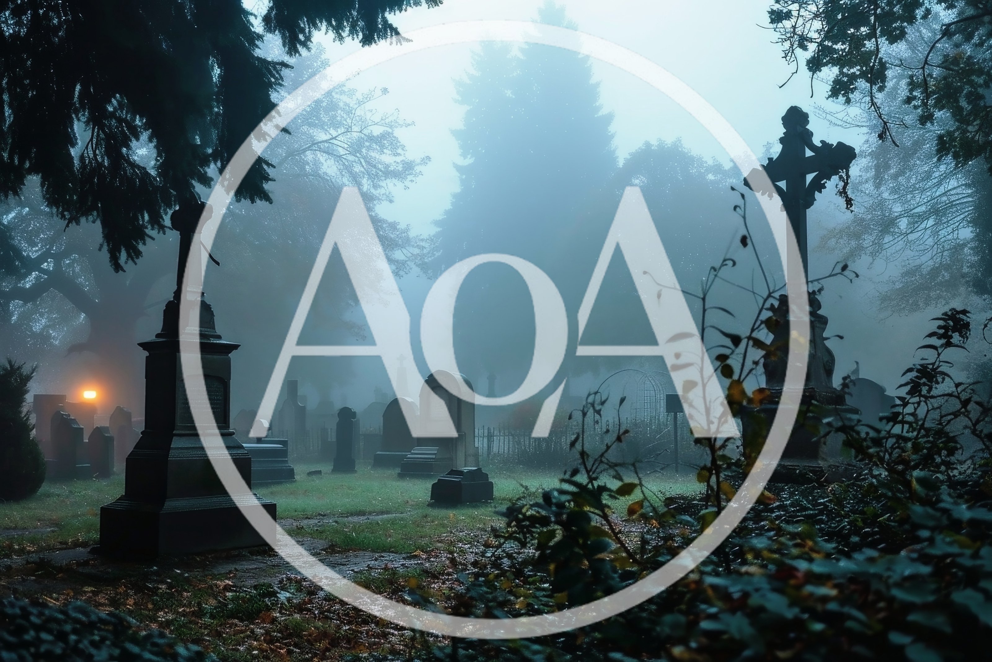 Misty Graveyard With Ancient Stone Monuments At Twilight