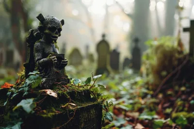 Weathered Stone Gargoyle Statue In An Overgrown Cemetery