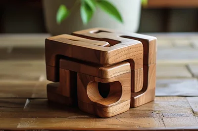 Wooden Interlocking Puzzle Cube on Rustic Table