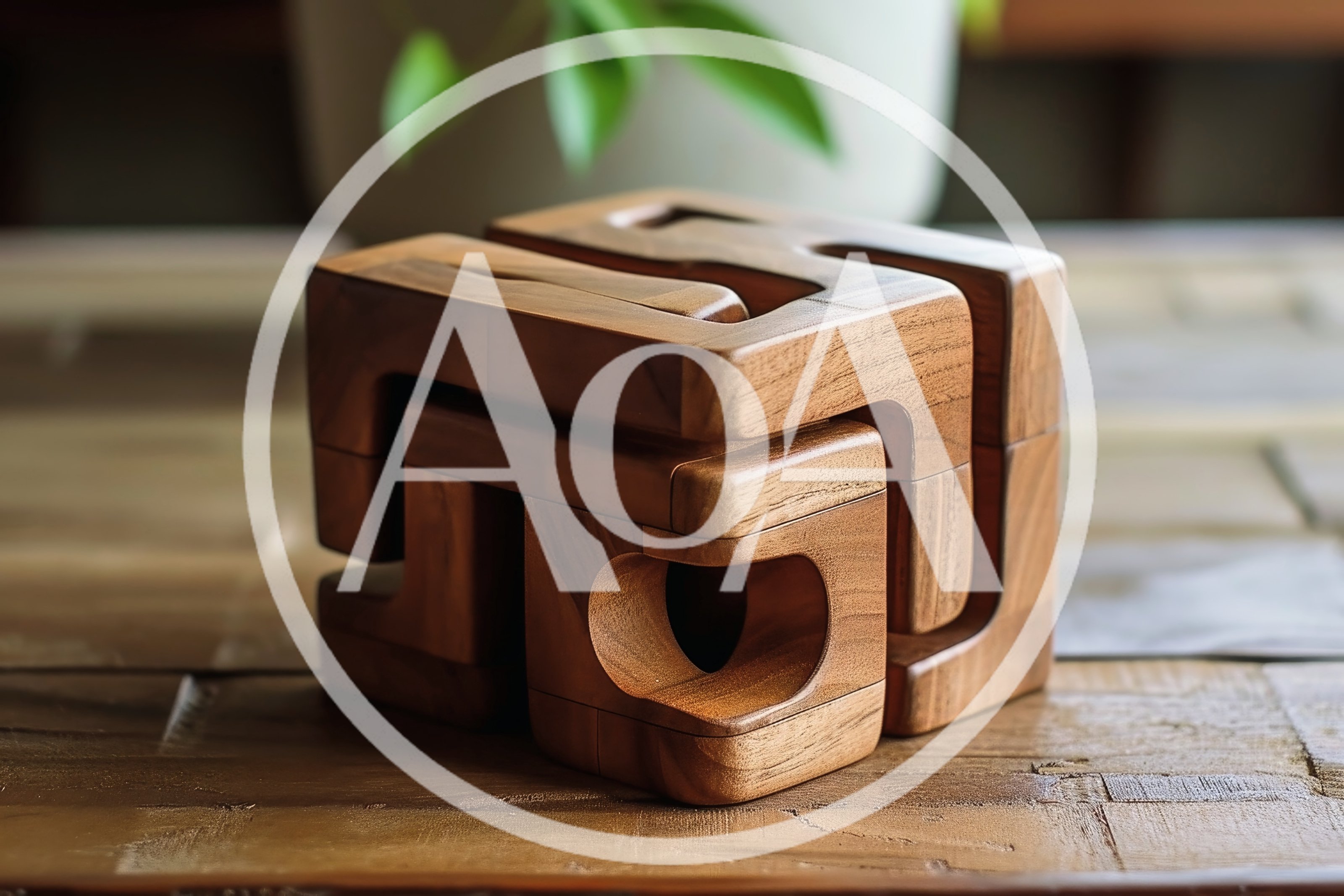 Wooden Interlocking Puzzle Cube on Rustic Table