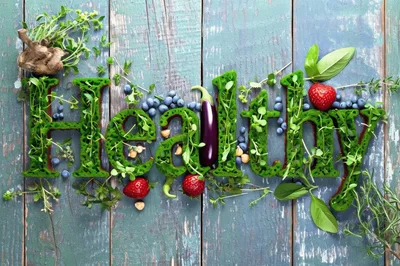 Healthy Word Formed With Fresh Vegetables And Fruits