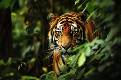 Majestic Tiger Staring Through Dense Jungle Foliage