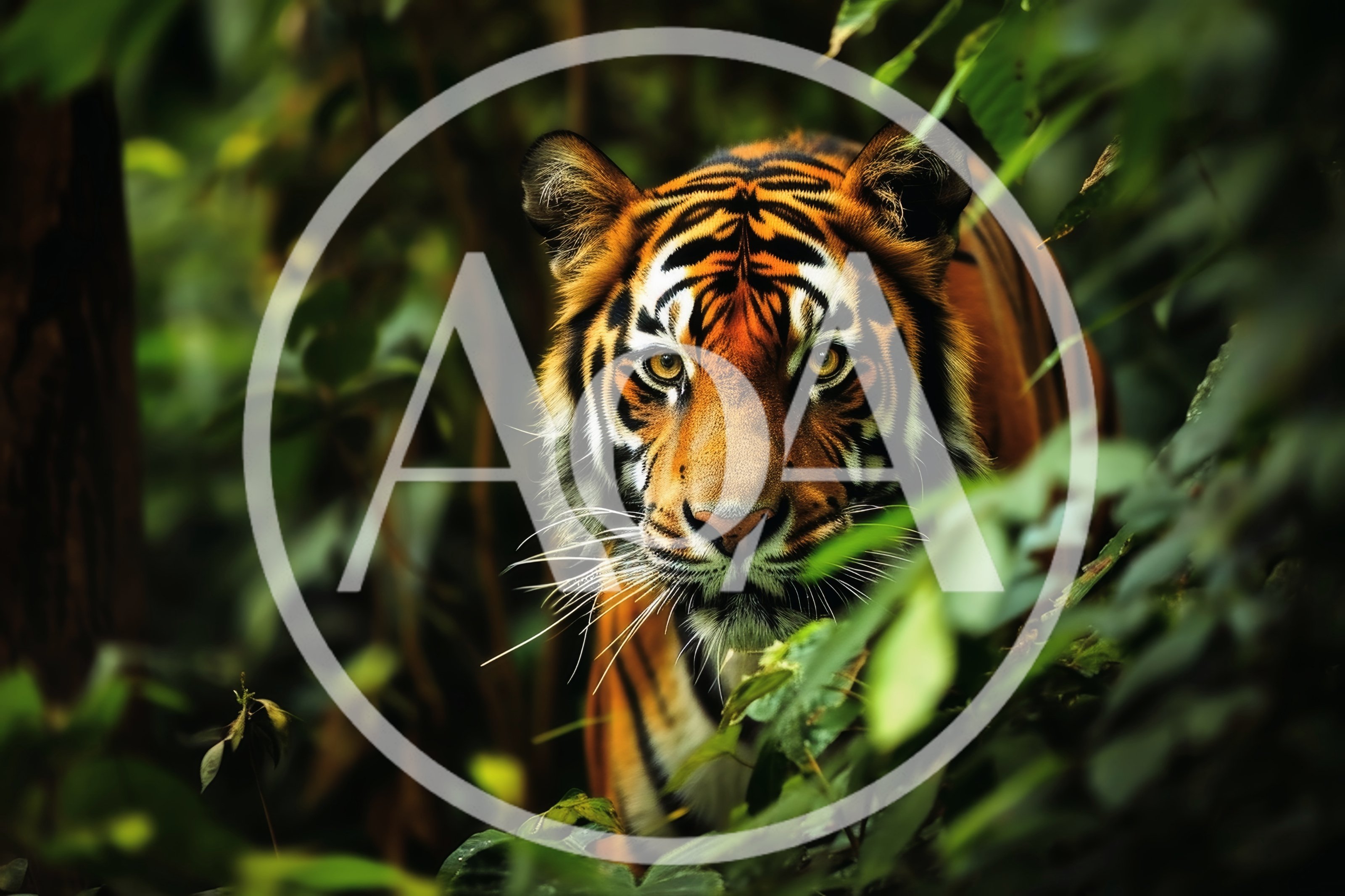 Majestic Tiger Staring Through Dense Jungle Foliage