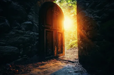 Open Wooden Door Leading To A Sunny Forest