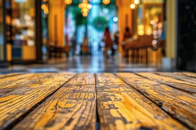 Rustic Wooden Table Surface In A Blurred Shopping Mall