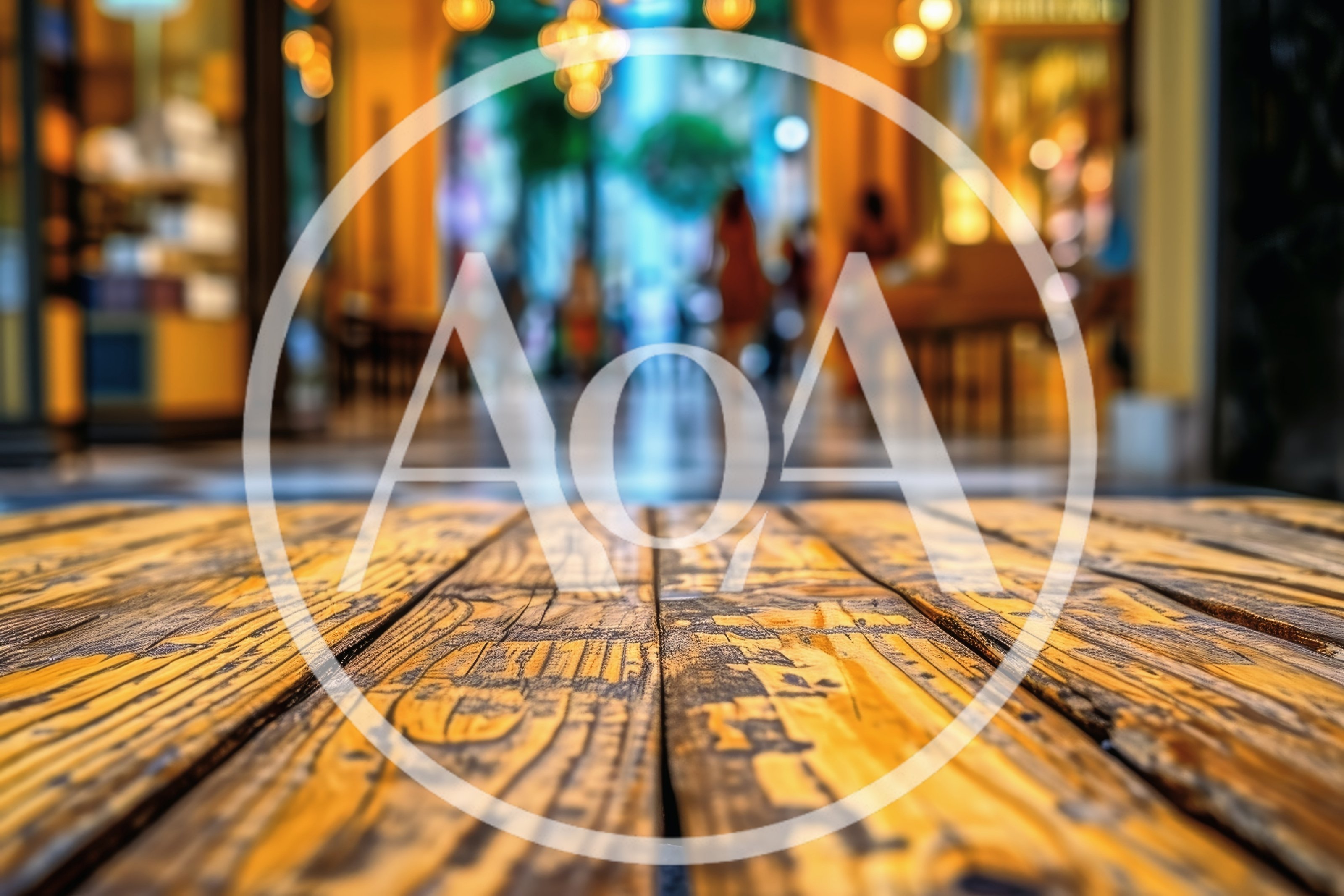 Rustic Wooden Table Surface In A Blurred Shopping Mall