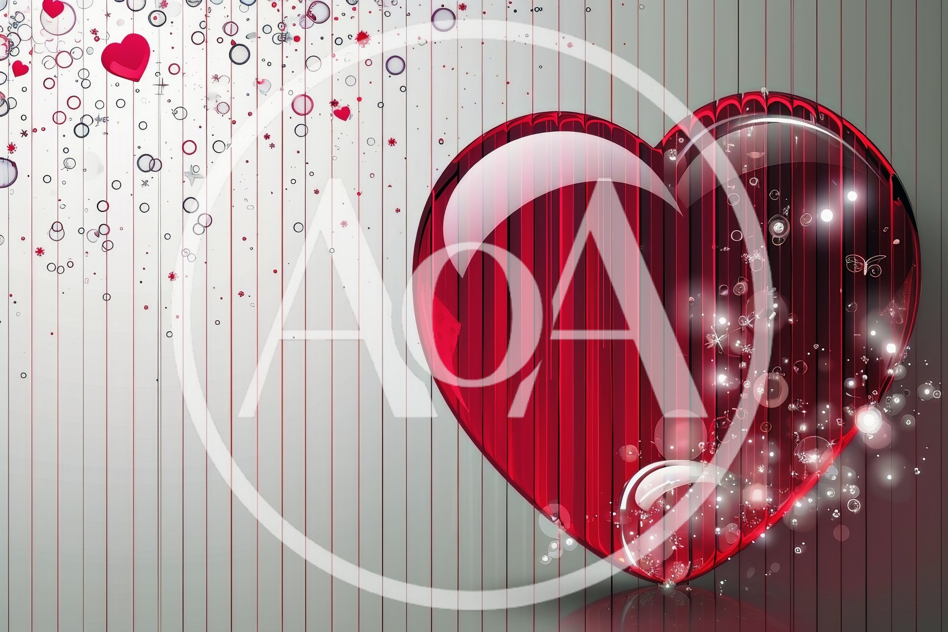 Glossy Red Heart With Abstract Bubbles And Vertical Lines