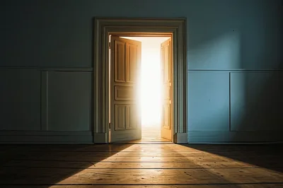 Open Doorway With Bright Light In Dark Room