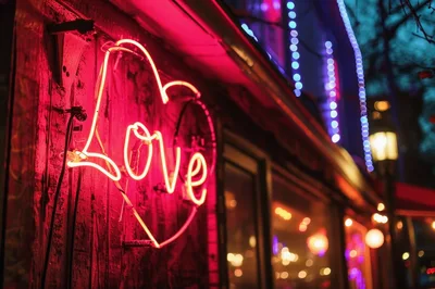 Neon Love Sign On A Rustic Wooden Wall