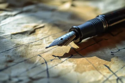 Fountain Pen Resting On Aged Parchment Paper