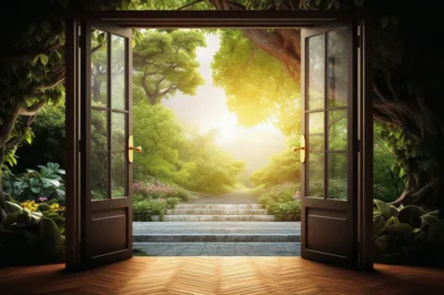 Open French Doors Leading To A Sunlit Forest Garden