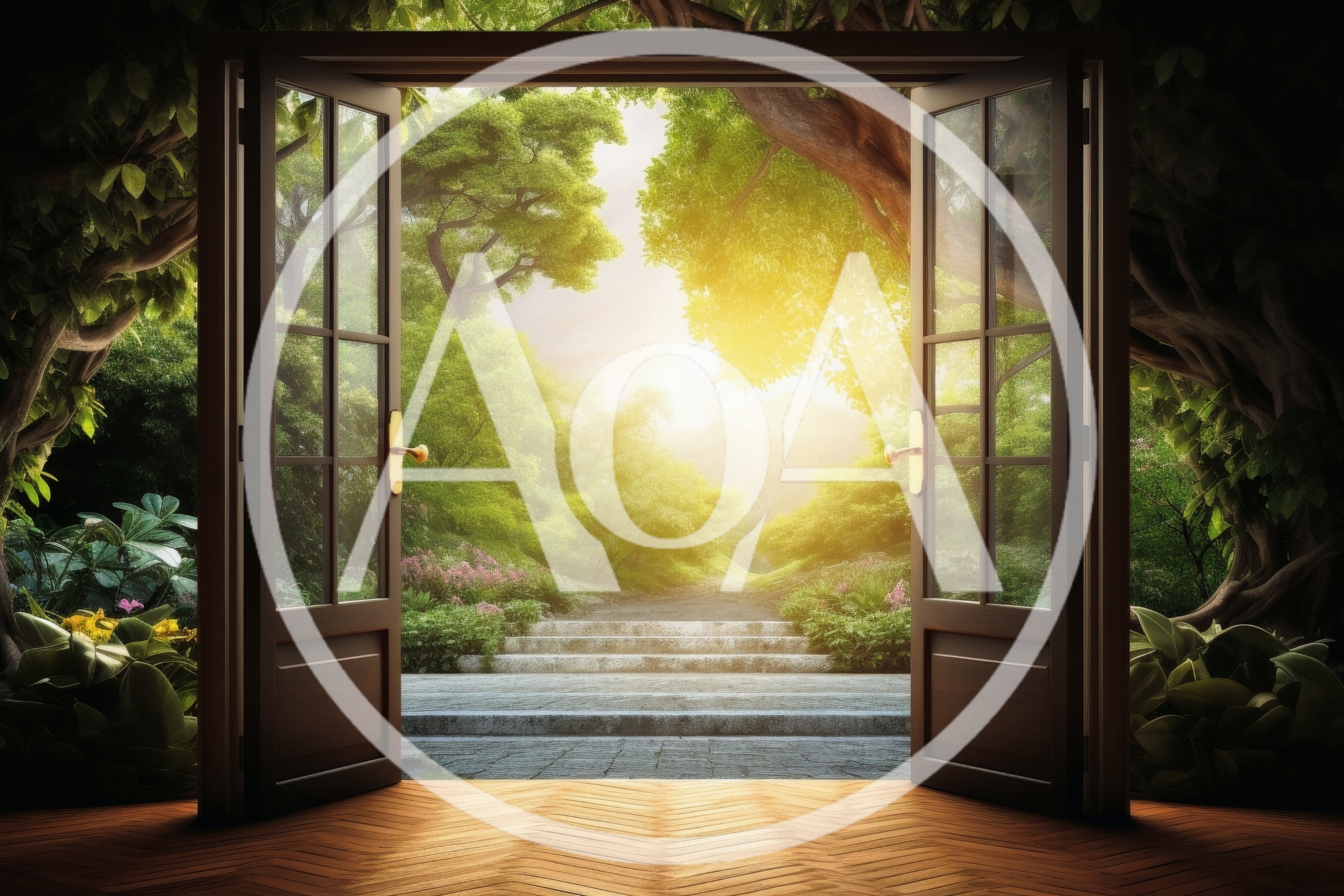 Open French Doors Leading To A Sunlit Forest Garden
