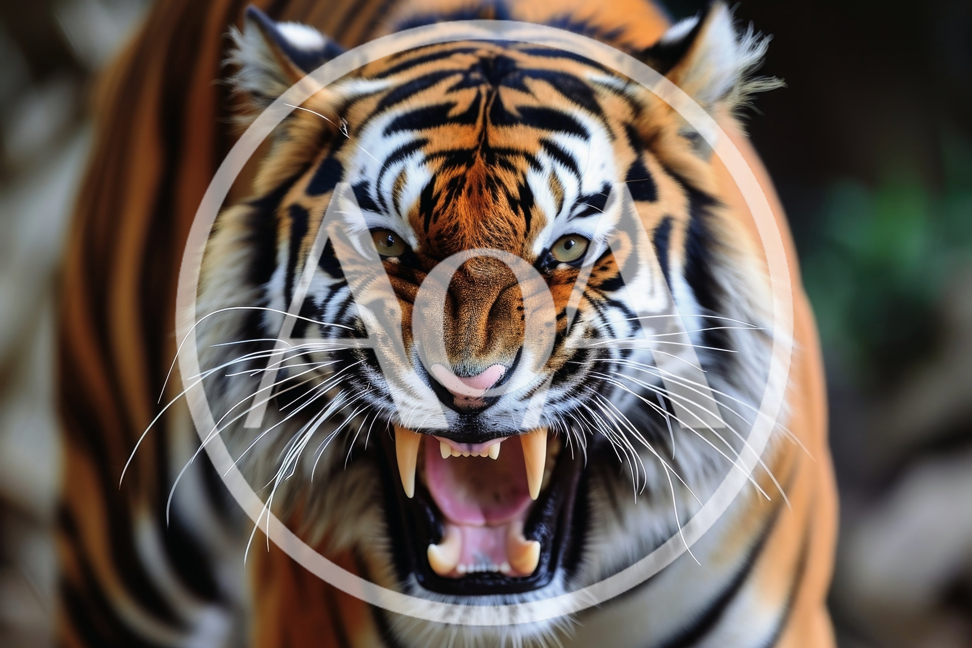 Aggressive Tiger Roaring With Bared Fangs
