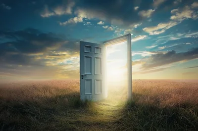 Open Door Standing In A Vast Grassy Field