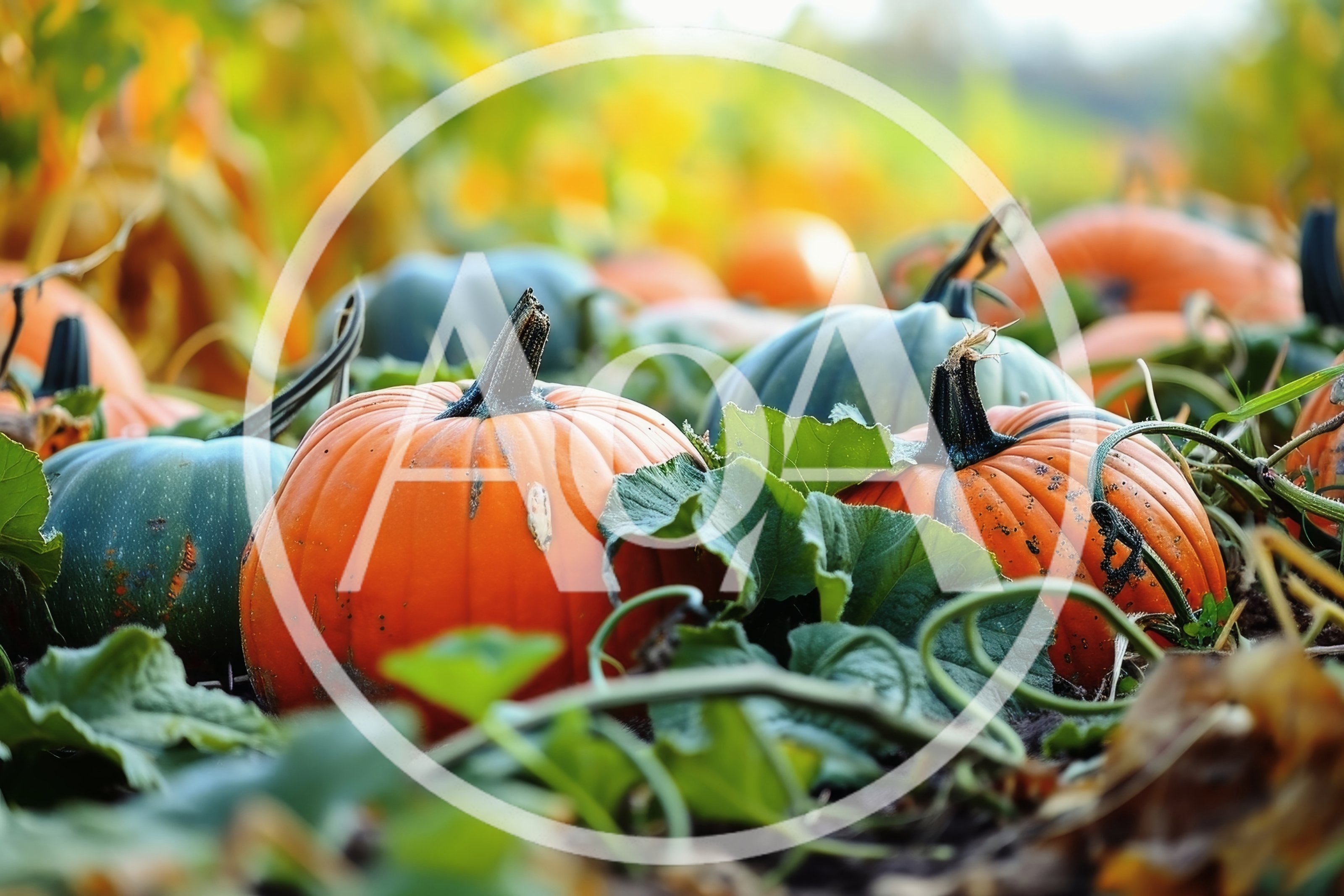 Orange and Green Pumpkins Growing in Autumn Field