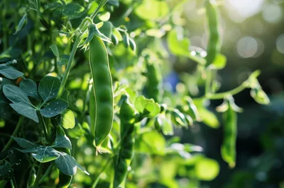 Fresh Green Pea Pods Growing In A Garden