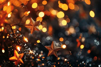 Golden Christmas Star Ornaments With Bokeh Lights
