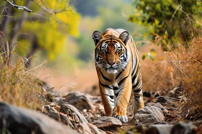 Majestic Bengal Tiger Walking Through Rocky Forest Path