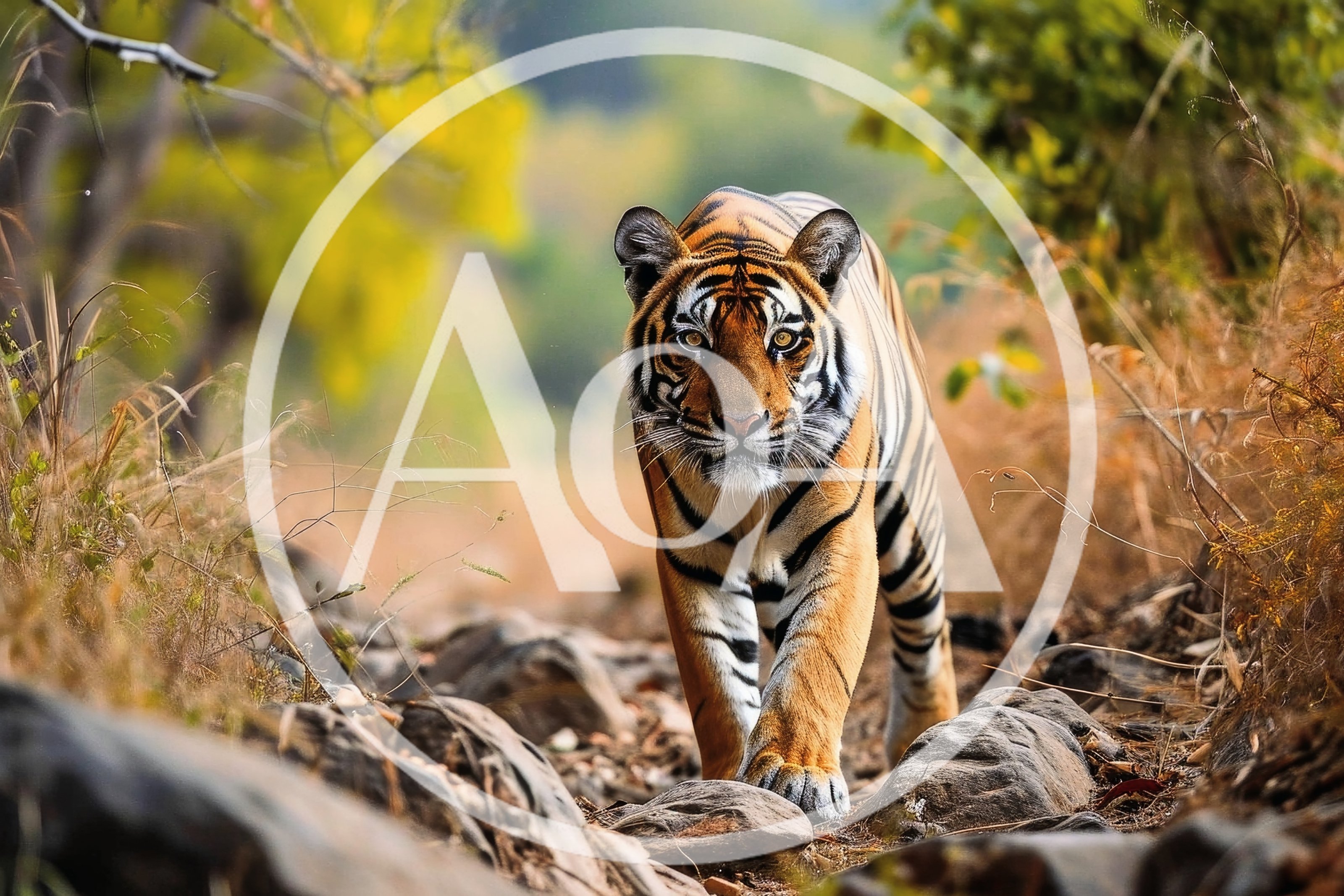 Majestic Bengal Tiger Walking Through Rocky Forest Path