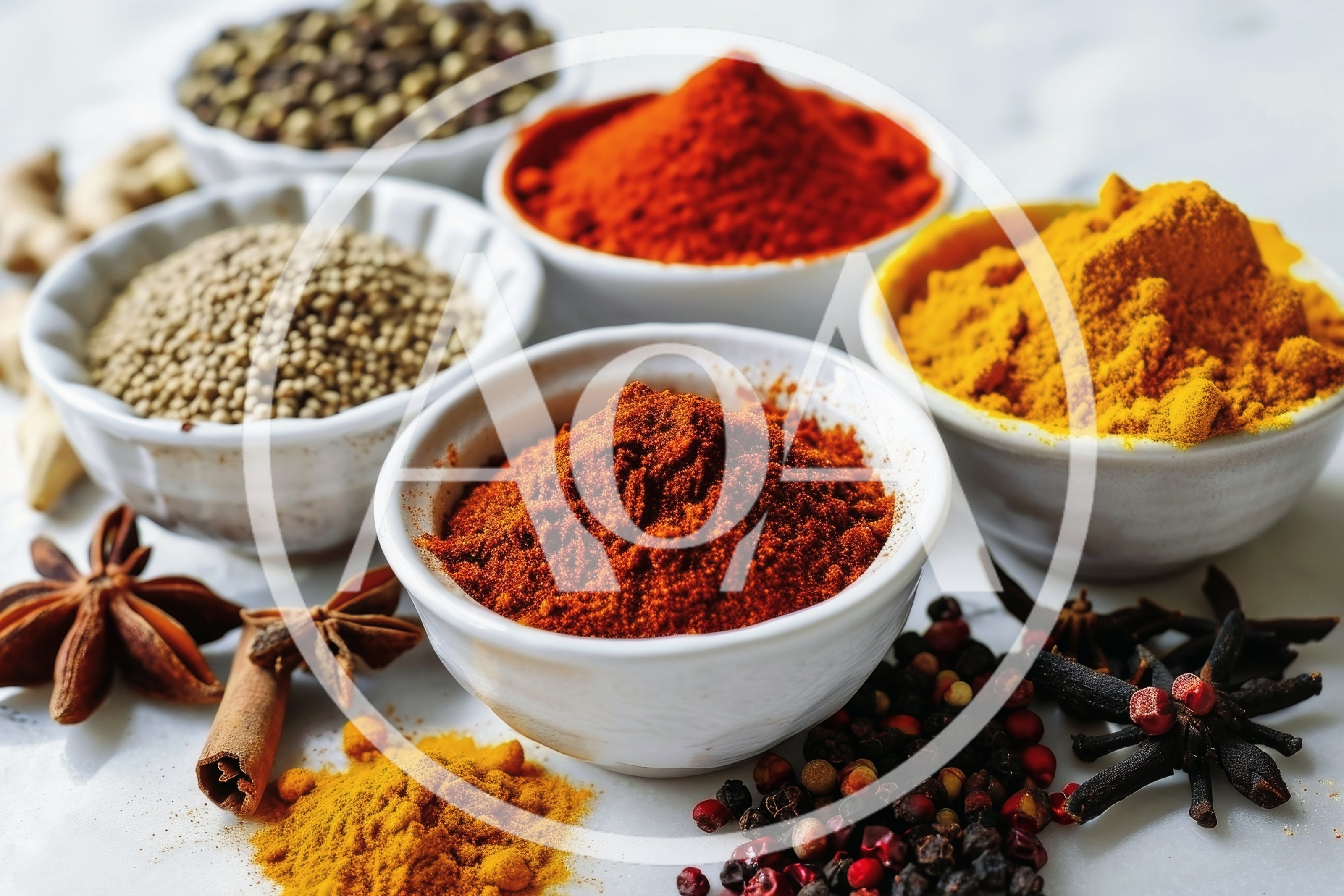 Assorted Spices and Herbs in Small Bowls