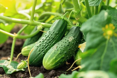 Fresh Green Cucumbers Growing In A Garden