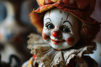 Close Up Of A Vintage Porcelain Clown Doll