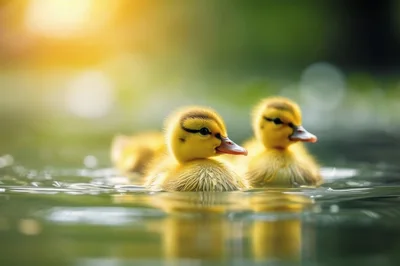 Two Fluffy Ducklings Swimming In A Pond
