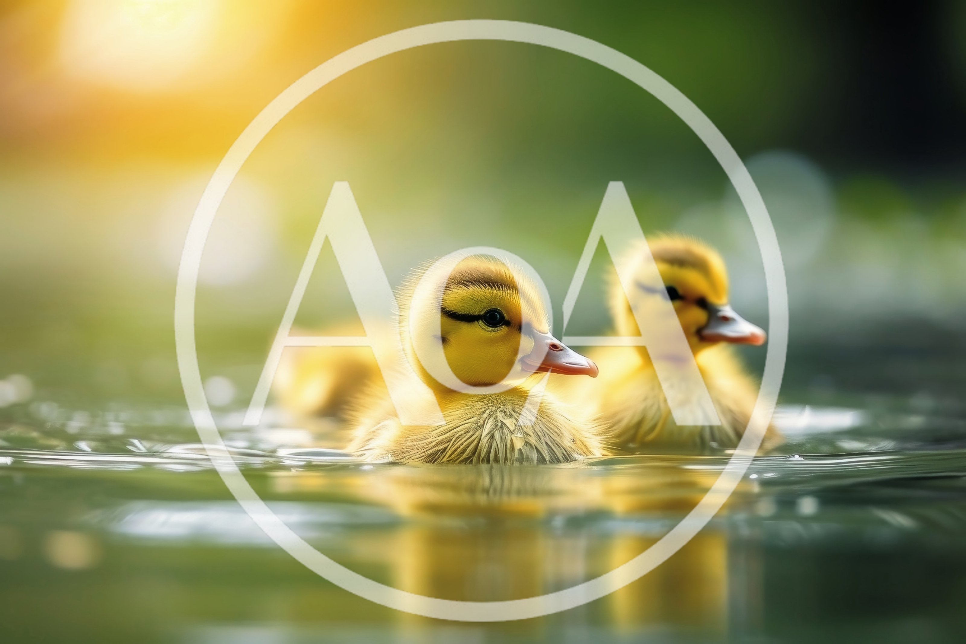 Two Fluffy Ducklings Swimming In A Pond