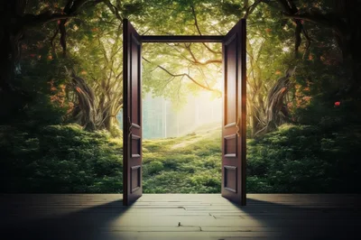 Open Wooden Doors Leading Into A Magical Forest