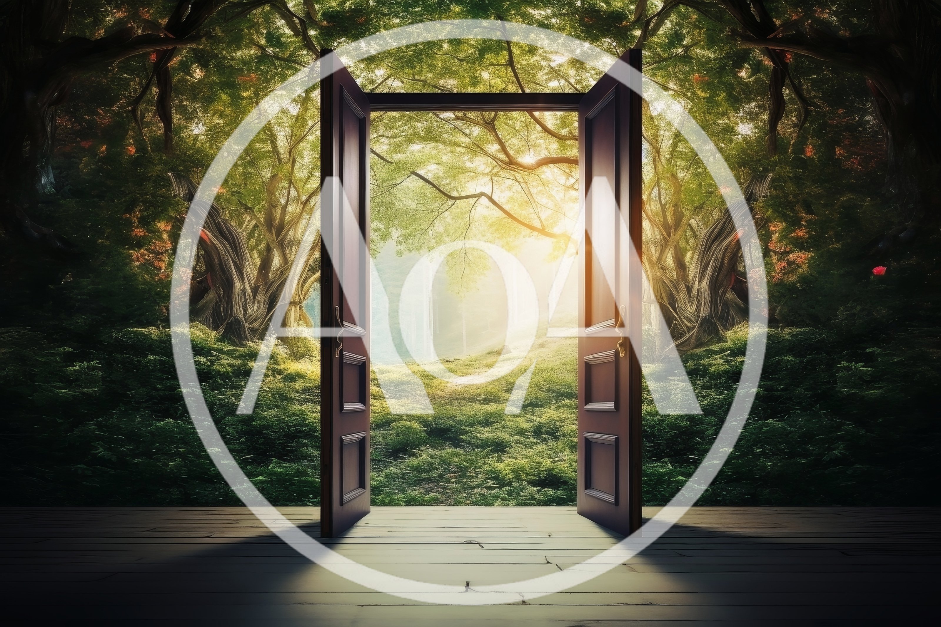 Open Wooden Doors Leading Into A Magical Forest