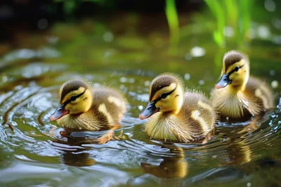 Three Cute Ducklings Swimming In A Pond