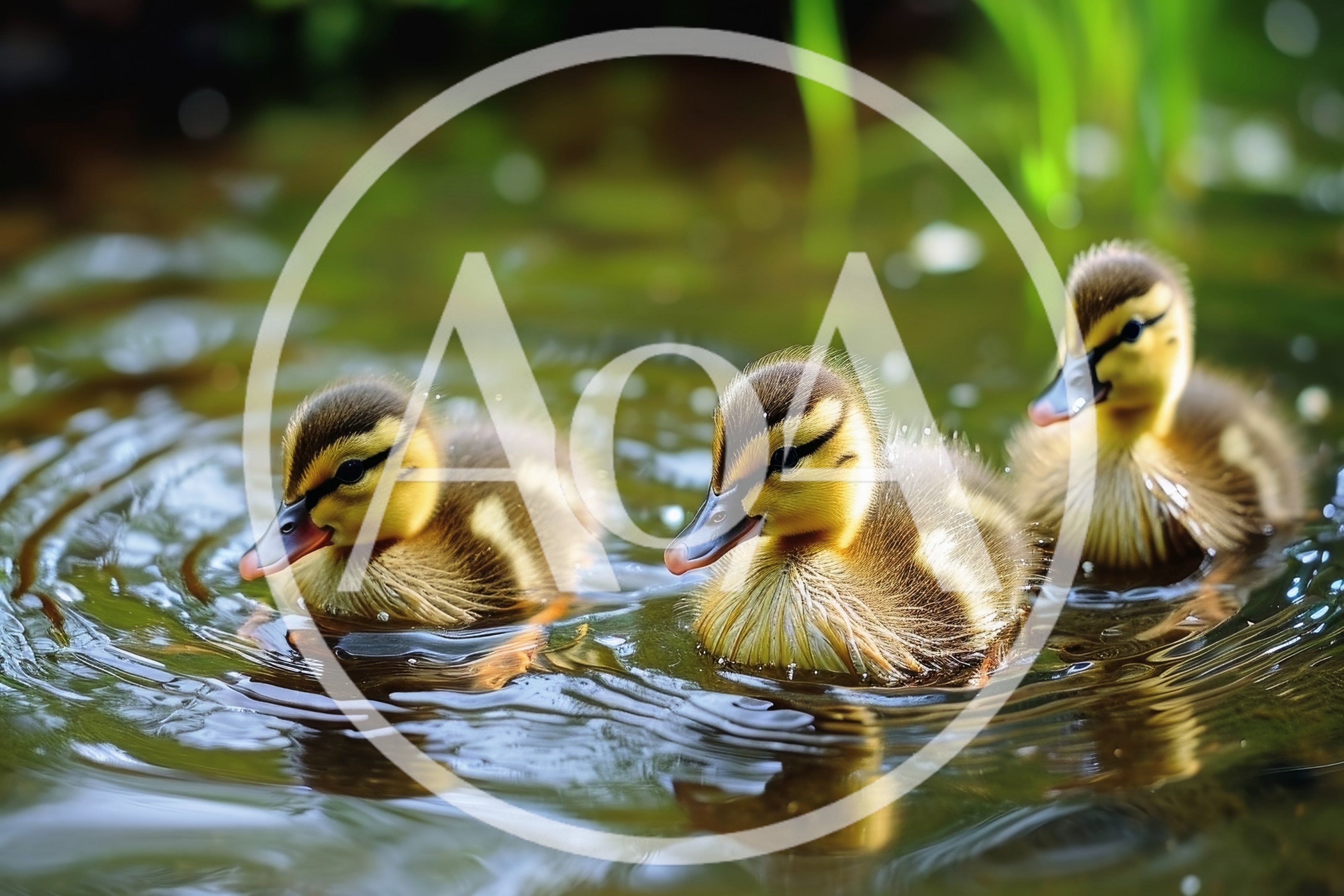 Three Cute Ducklings Swimming In A Pond