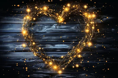 Glowing Golden Heart Wreath On Dark Wooden Background