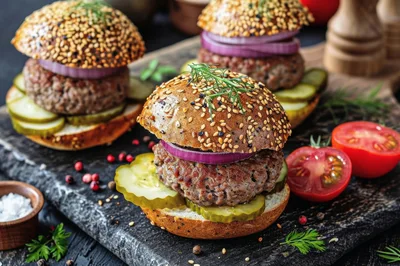 Gourmet Beef Sliders on a Rustic Wooden Board
