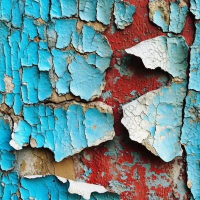 Peeling Blue Paint On A Weathered Red Wall