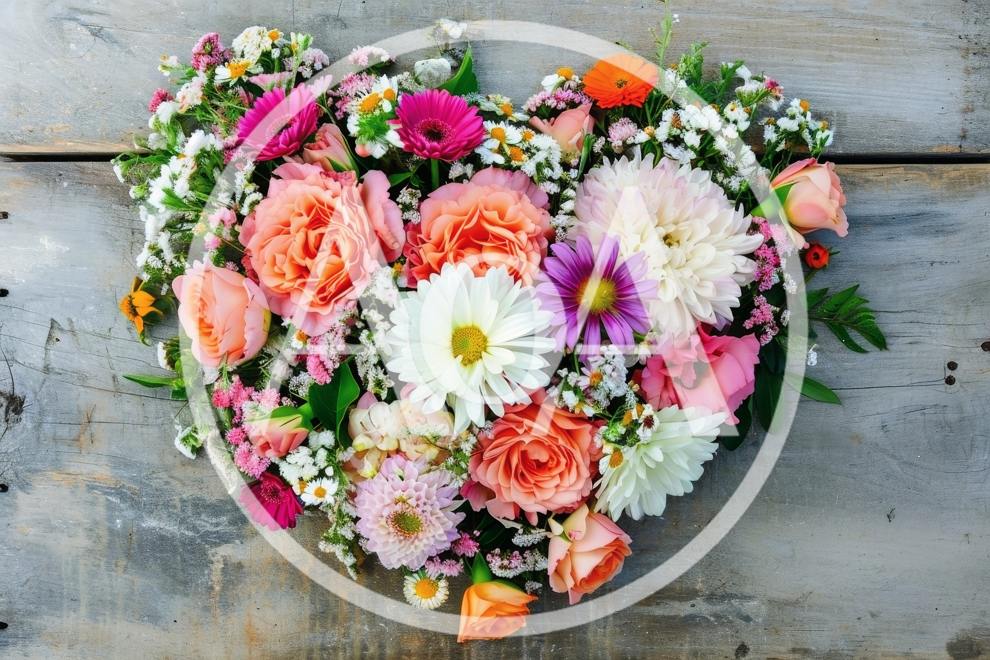 Heart Shaped Bouquet Of Colorful Flowers On Rustic Wood
