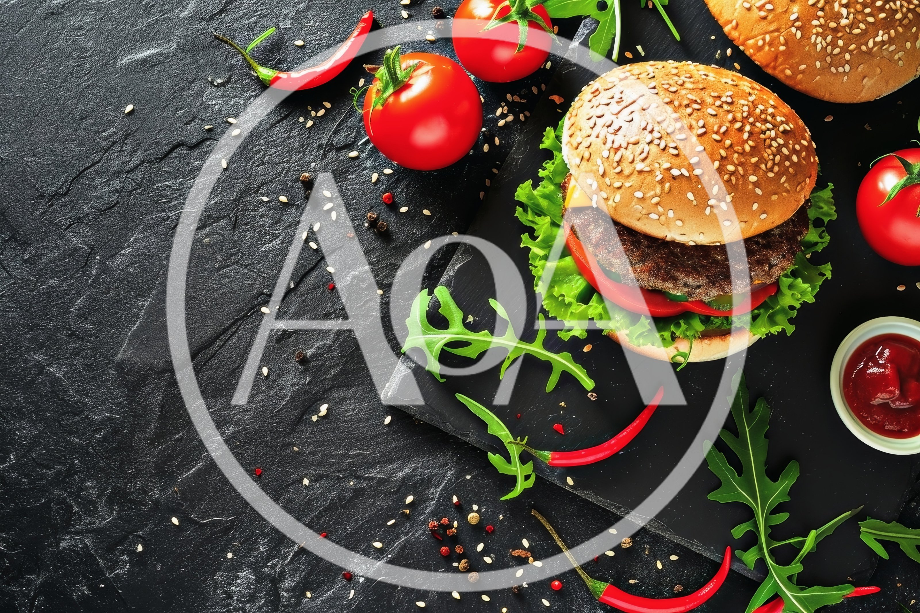 Gourmet Cheeseburger With Fresh Vegetables On Slate Board
