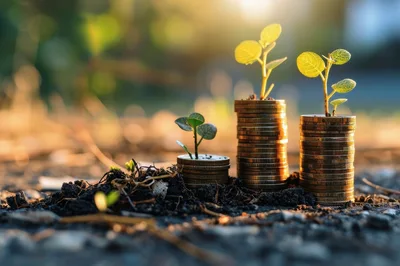 Small Plants Growing From Stacks Of Gold Coins