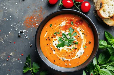 Bowl Of Creamy Tomato Soup With Fresh Herbs