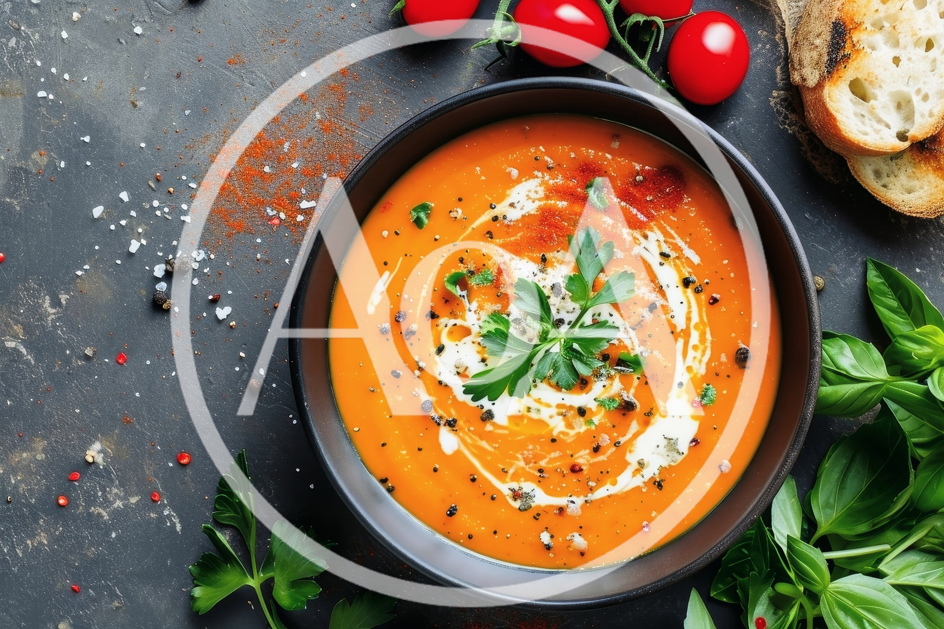 Bowl Of Creamy Tomato Soup With Fresh Herbs