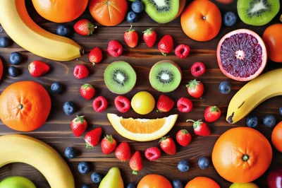 Creative Fruit Face Arrangement On Wooden Background