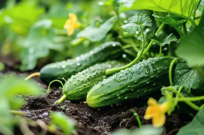 Fresh Green Cucumbers Growing In A Garden