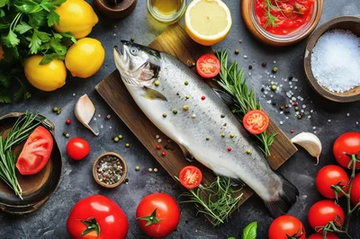 Fresh Raw Salmon Fish With Vegetables And Spices