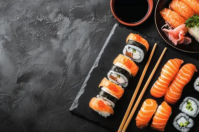 Assorted Sushi Platter With Salmon Nigiri And Rolls