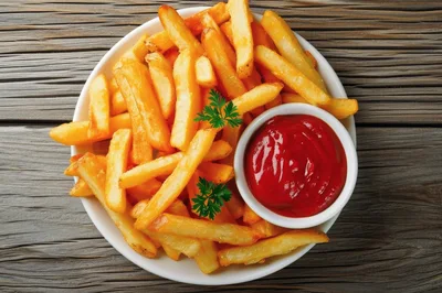 Plate Of Golden French Fries With Ketchup