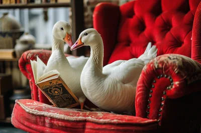 Two White Geese Reading A Book On Red Armchair