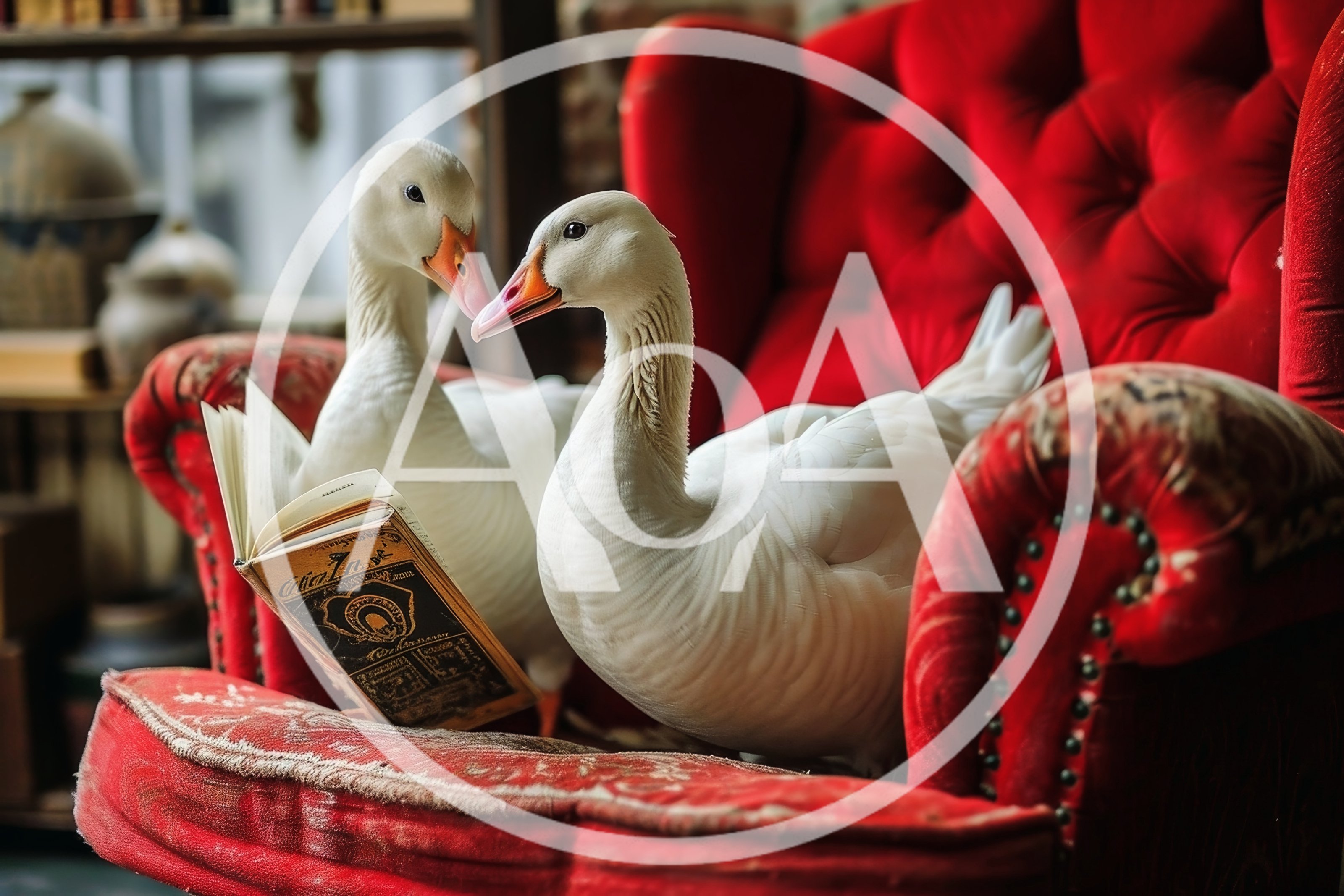 Two White Geese Reading A Book On Red Armchair