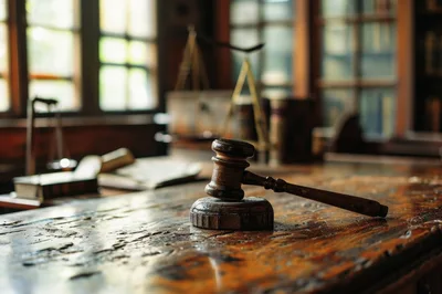 Wooden Judge Gavel Resting On A Desk