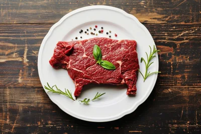 Raw Beef Steak Shaped Like A Cow On A Plate