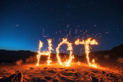 Flaming Hot Text Written In Fire At Night
